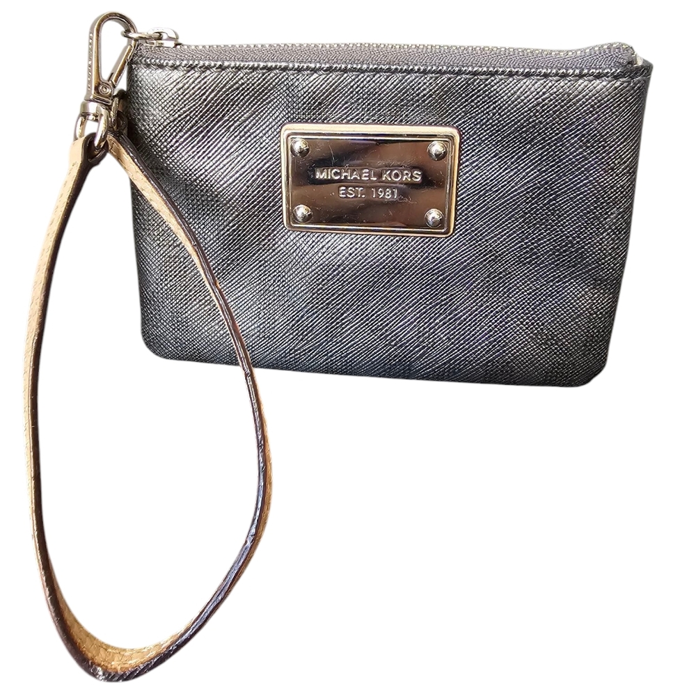 Michael Kors Gray Metallic Jet Set Wristlet Small Pouch Leather Trim Wallet